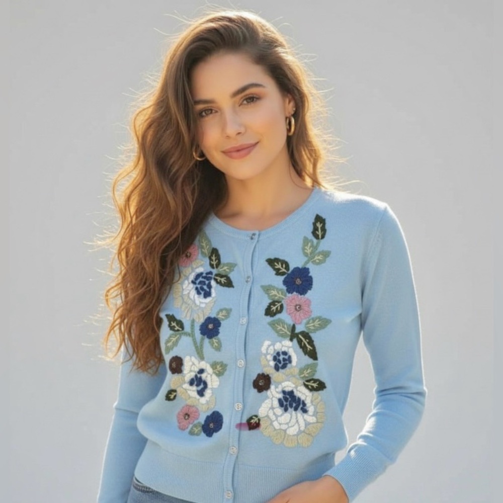 Vintage Baby Blue Floral Embroidered Cardigan